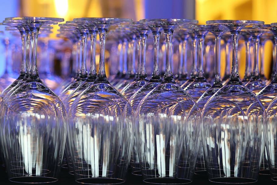 clear footed glass lot upside down, wineglasses, party, celebration, HD wallpaper