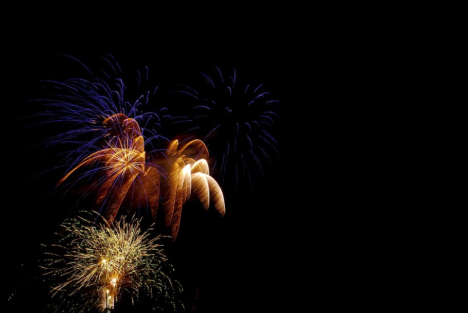 orange, yellow, and blue fireworks, celebration, holiday, party, HD wallpaper
