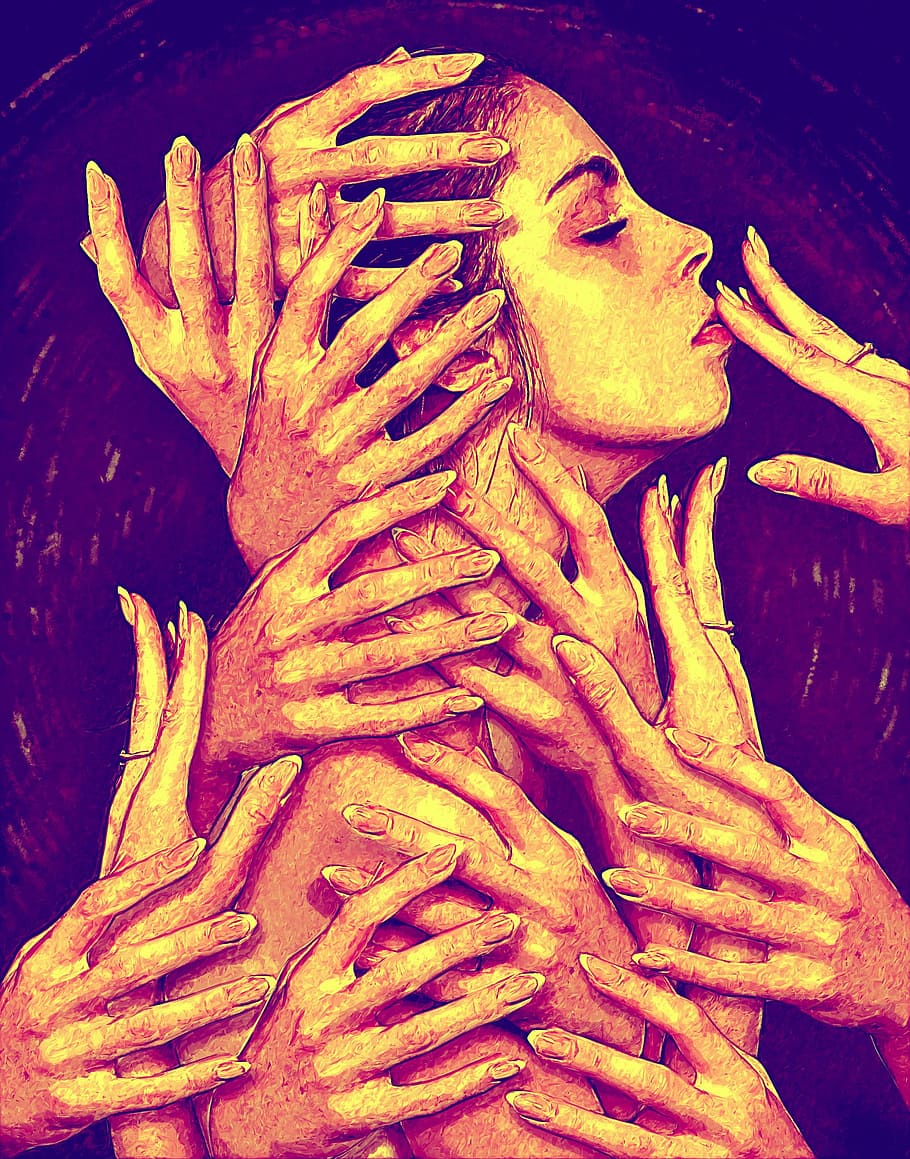 woman surrounded with hands painting, human, portrait, female