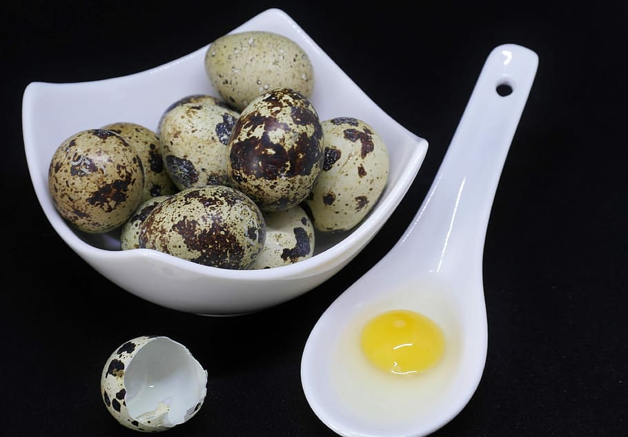 quail eggs on white ceramic bowl beside of spoon with egg yolk HD wallpaper