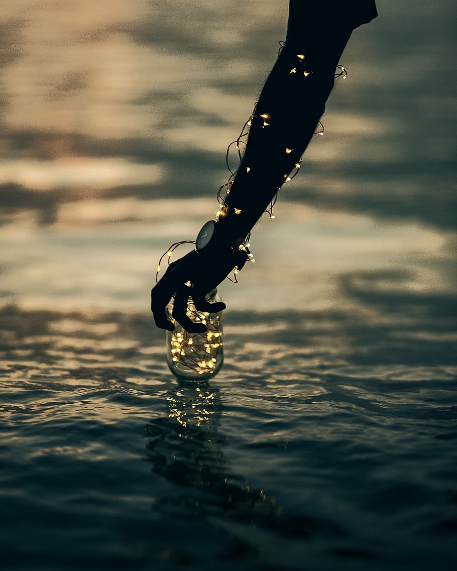 person holding mason jar with string lights, untitled, hand, water HD wallpaper