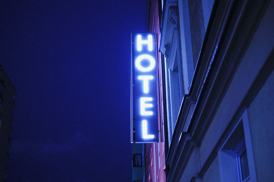 turned on Hotel LED signage, turned on blue hotel neon signage, HD wallpaper
