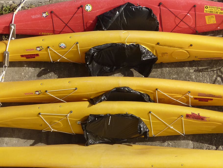 kayak, yellow, red, dry, white water, sea, day, transportation HD wallpaper