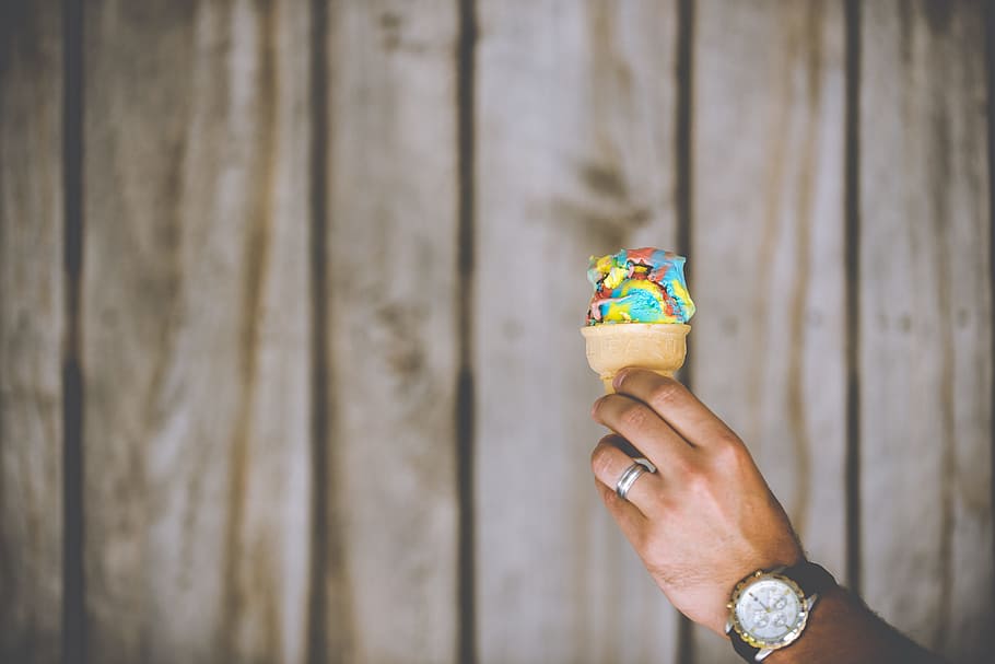 person holding multicolored ice cream, person holding ice cream cone with ice cream HD wallpaper