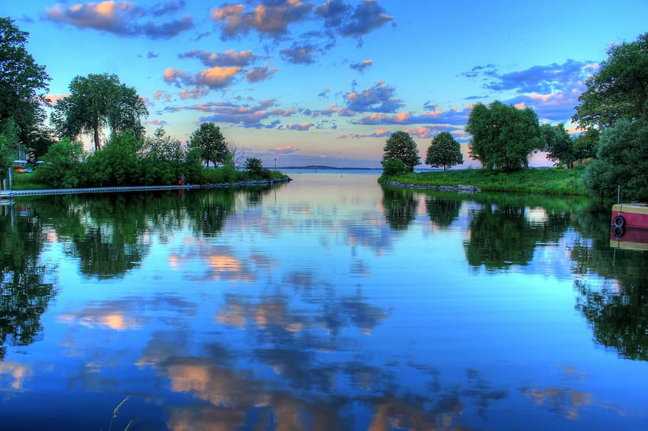 photo of still body of water, lake, landscape, sunset, reflection HD wallpaper