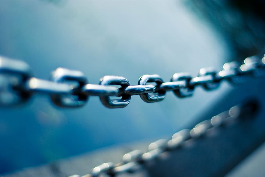 silver-colored chain, steel, metal, blur, blue, strength, backgrounds, HD wallpaper