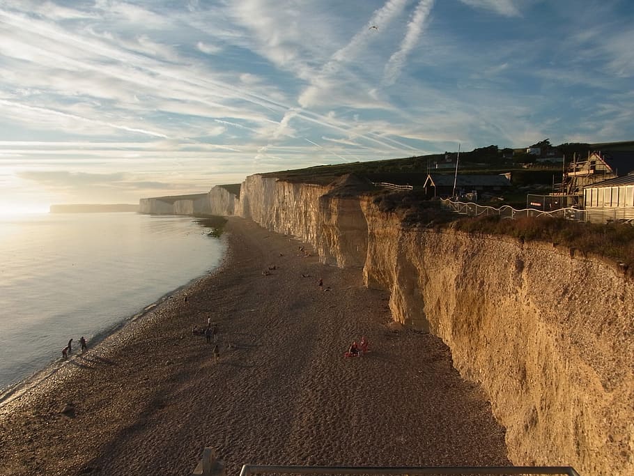 Seven Sisters, England, Sea, Cliff, coast, united kingdom, sunset, HD wallpaper