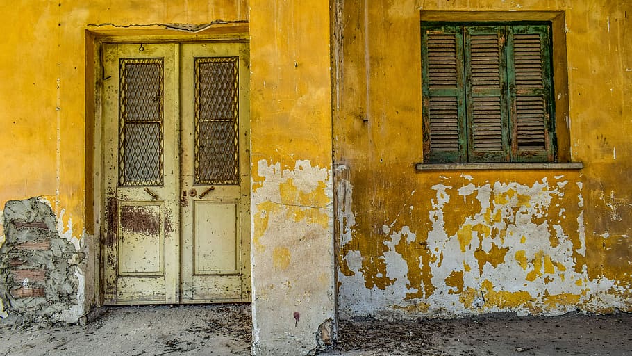 yellow concrete house with window, door, wall, architecture, old, HD wallpaper