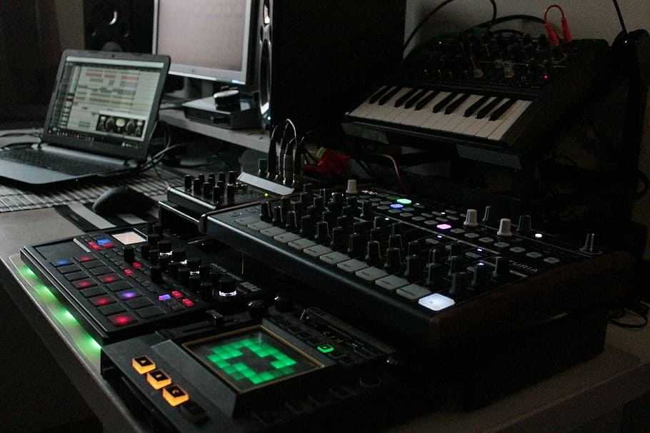 synthesizer, drums, music studio, tools, sampler, technology, HD wallpaper