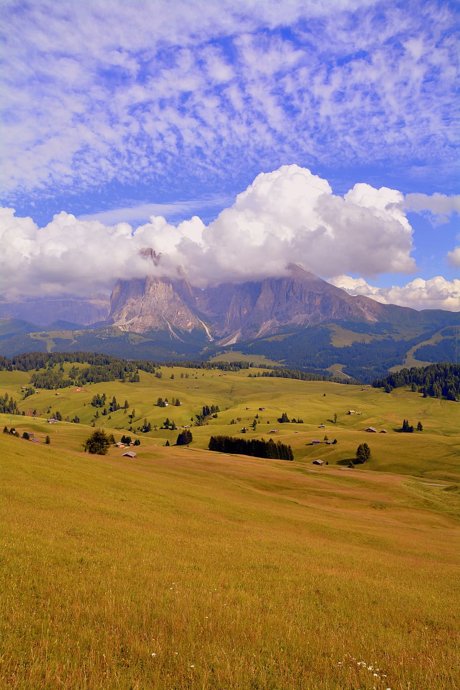dolomites, sky, clouds, prato, prairie, the group of the sassolungo HD wallpaper