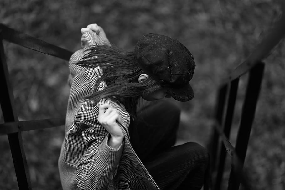 grayscale photography of woman wearing jacket, people, cap HD wallpaper