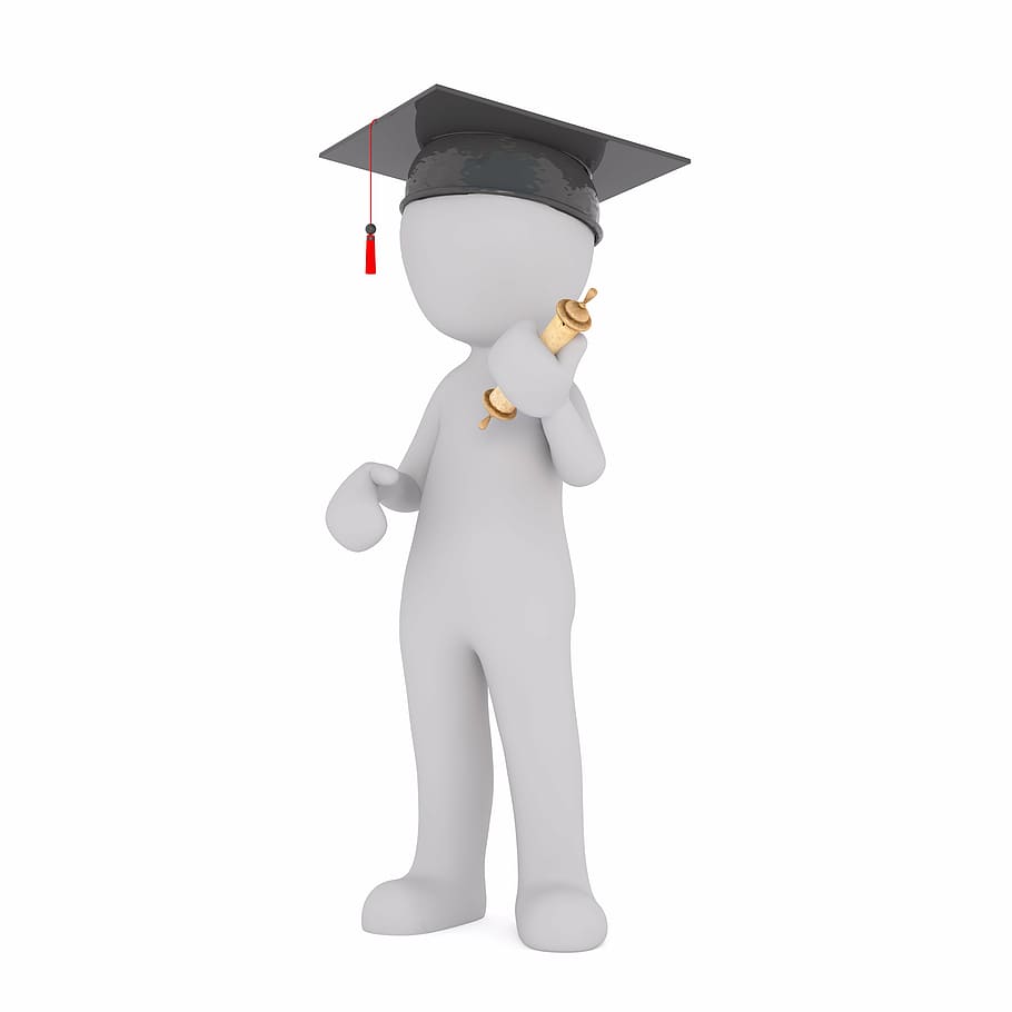 human 3D model holding diploma and wearing graduation hat, white male