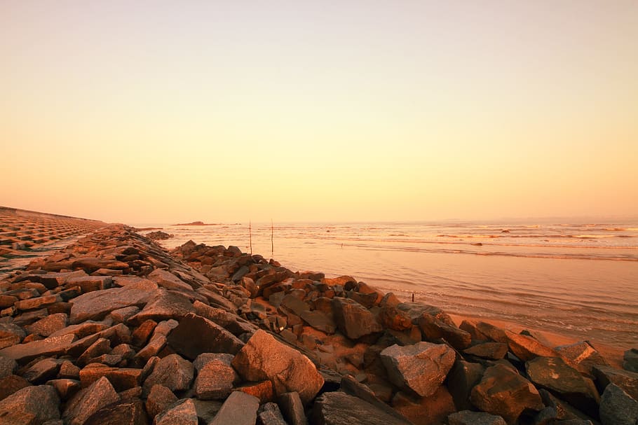coast, beach, moisture provide, rock, sky, sunset, solid, rock - object, HD wallpaper