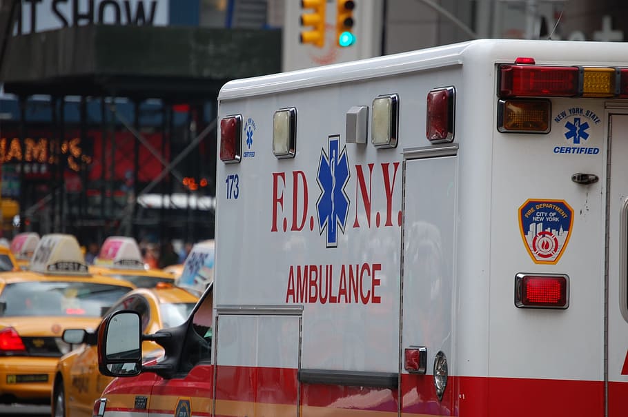 white FD New York ambulance, emergency, medical, vehicle, city
