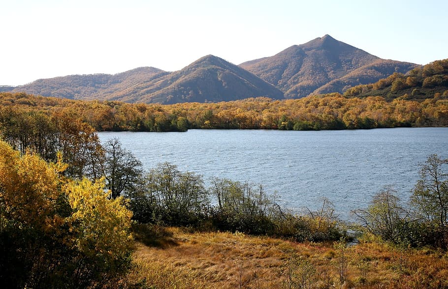 autumn, mountains, lake, clouds, forest, trees, birch, fall colors HD wallpaper