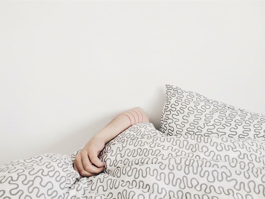 white and gray comforter, person, hugging, pillow, sleeping HD wallpaper