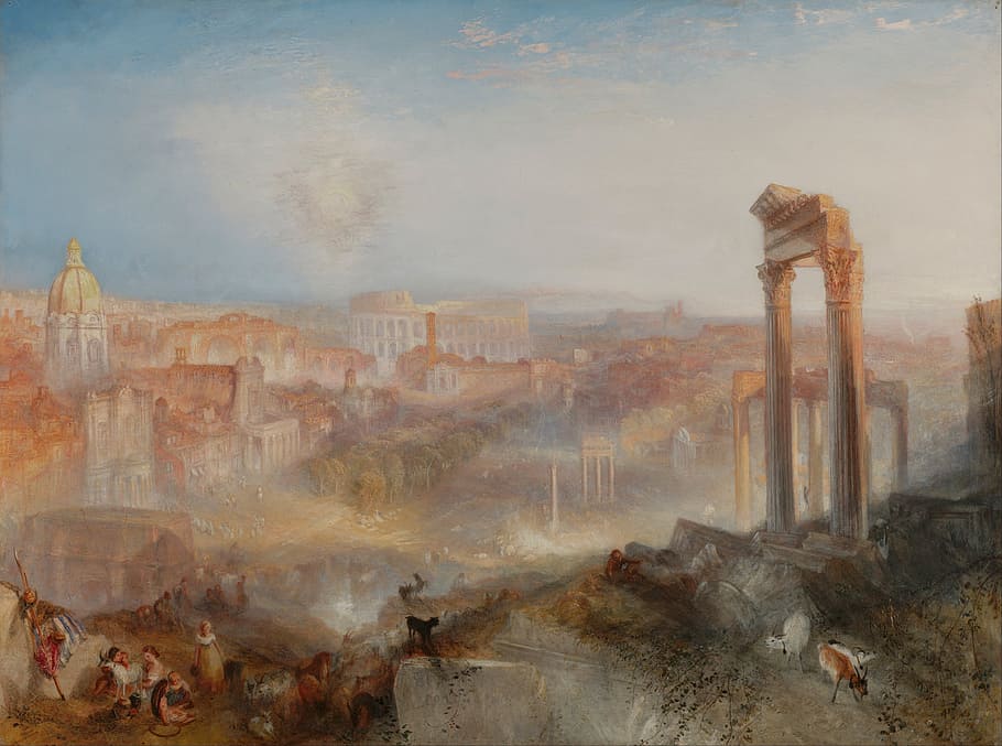 people and brown high rise buildings painting, joseph turner