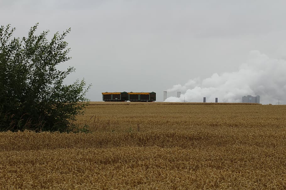 field, trailers, bauer, bush, coal fired power plant, energy HD wallpaper