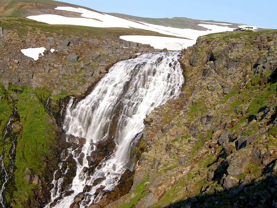 waterfall, spillway, autumn, mountain stream, mountains, landscape, HD wallpaper