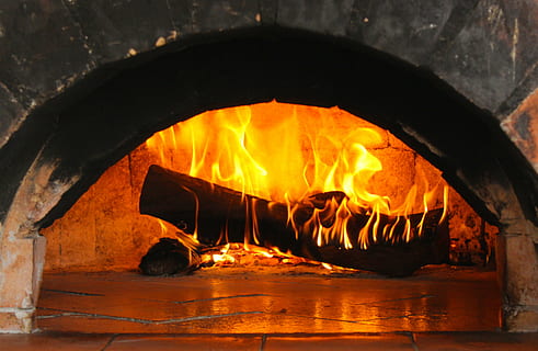 bonfire in chimney, burning log, flame, wood, heat, light, orange HD wallpaper