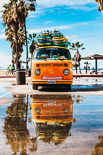 orange van with surfboard on top, O'neil brown bus photography HD wallpaper