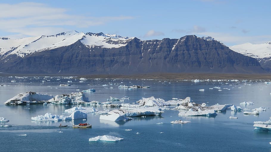 person sailing surrounded by icebergs, floating, body, water HD wallpaper