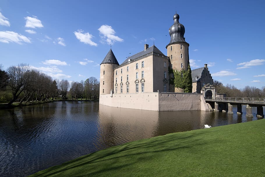 water, lake, castle, tower, gemen, borken, westfalen, blue HD wallpaper