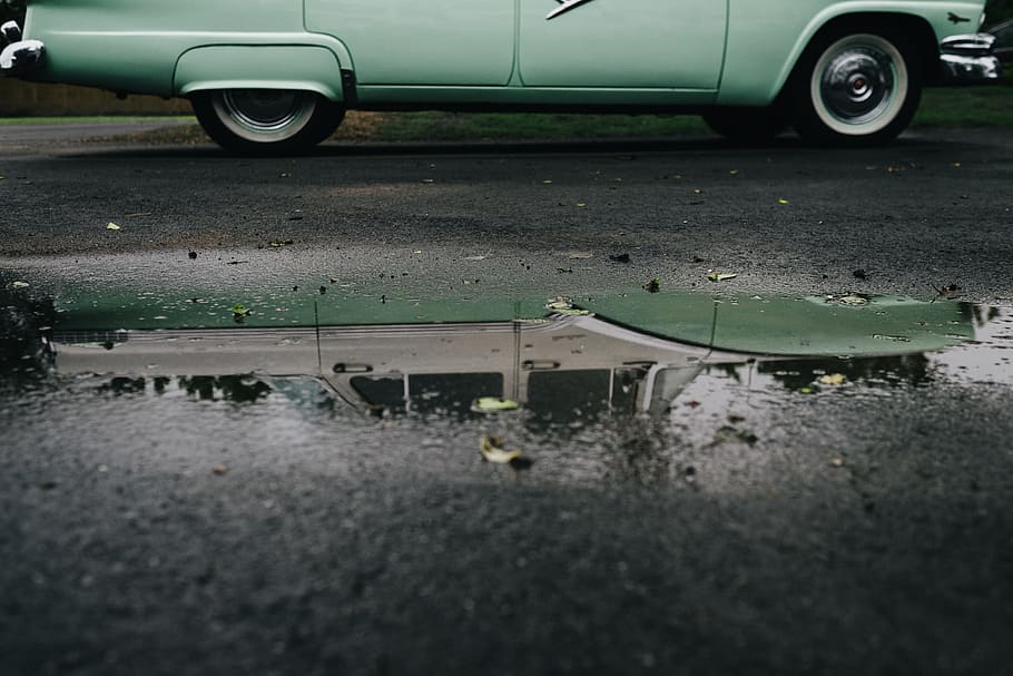 car, transportation, land Vehicle, street, photography of green vehicle on wet road HD wallpaper