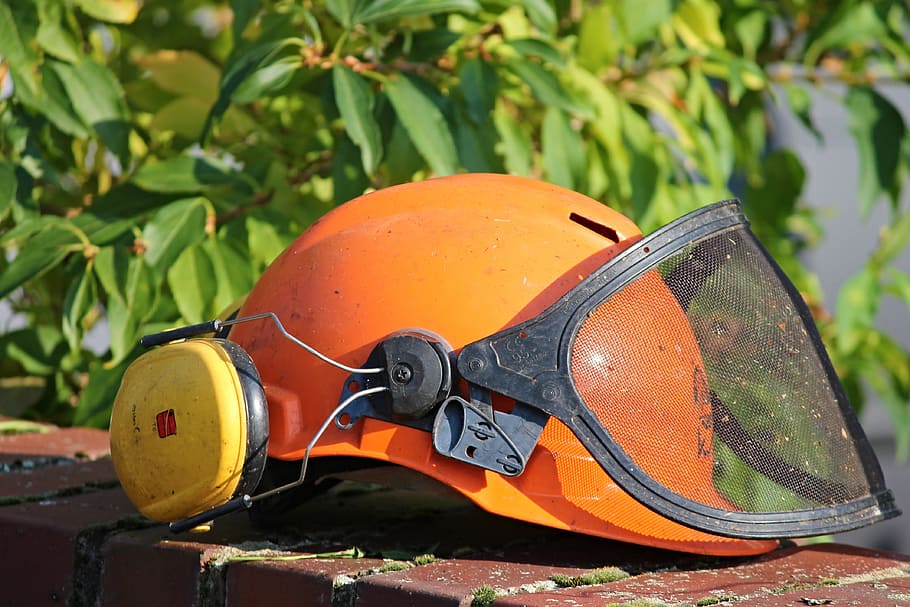 orange hard hat, helmet, gardening, mow, eye protection, ear protection, HD wallpaper