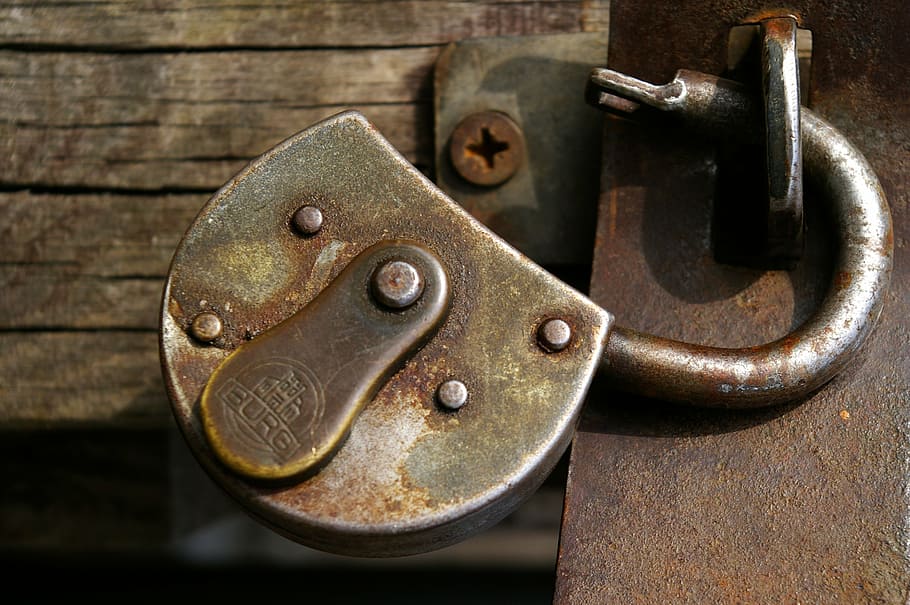 gray metal padlock, castle, stainless, wooden door, closed HD wallpaper