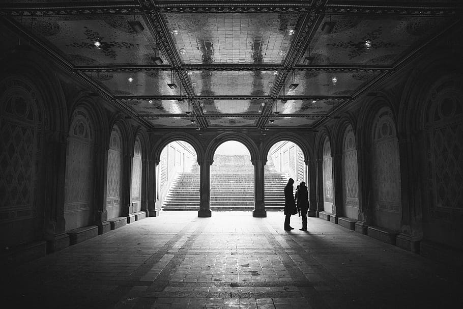 two person standing inside building near stairs, gray, scale HD wallpaper