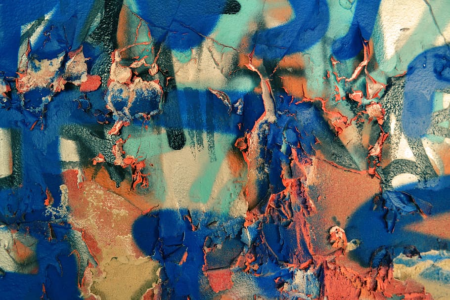 blue, teal, and red abstract painting, graffiti, mural, wall HD wallpaper