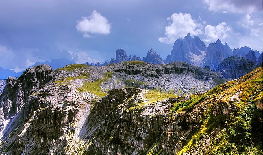 photo of a mountain range during mildly cloudy day, dolomites, HD wallpaper