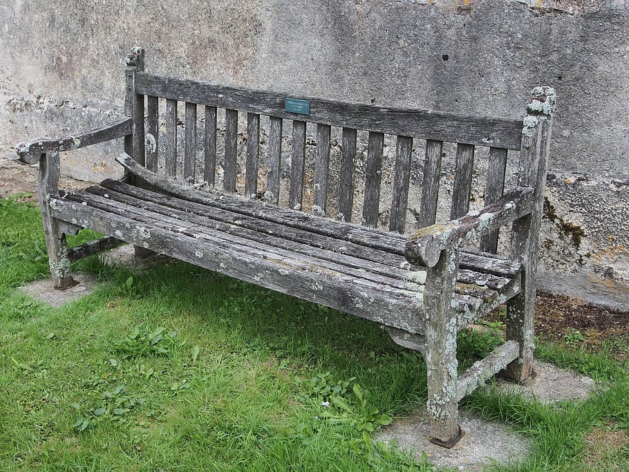gray wooden bench beside wall, seat, old, lichen, dilapidated HD wallpaper