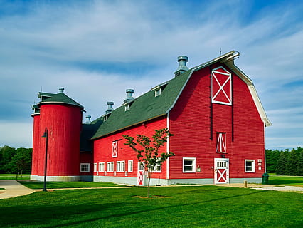 red wooden farm house, indiana, barn, sky, clouds, landscape HD wallpaper