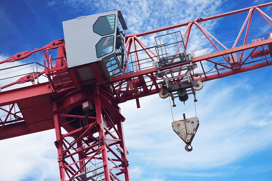 low angle photography of red conveyor crane, architecture, build HD wallpaper