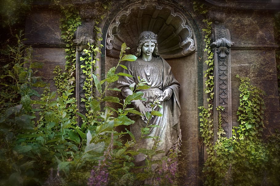 religious statue between green leaf plant, Angel, Figure, Cemetery, Grave
