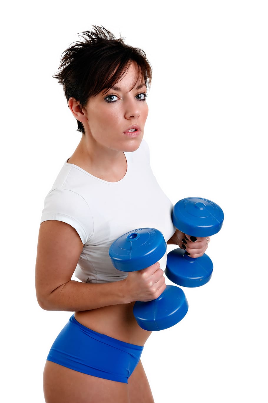 woman holding pair of blue dumbbells, fitness, dumb bells, muscle, HD wallpaper
