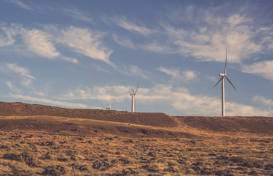 windmills, fields, rural, blue, sky, clouds, wind turbine, renewable energy HD wallpaper
