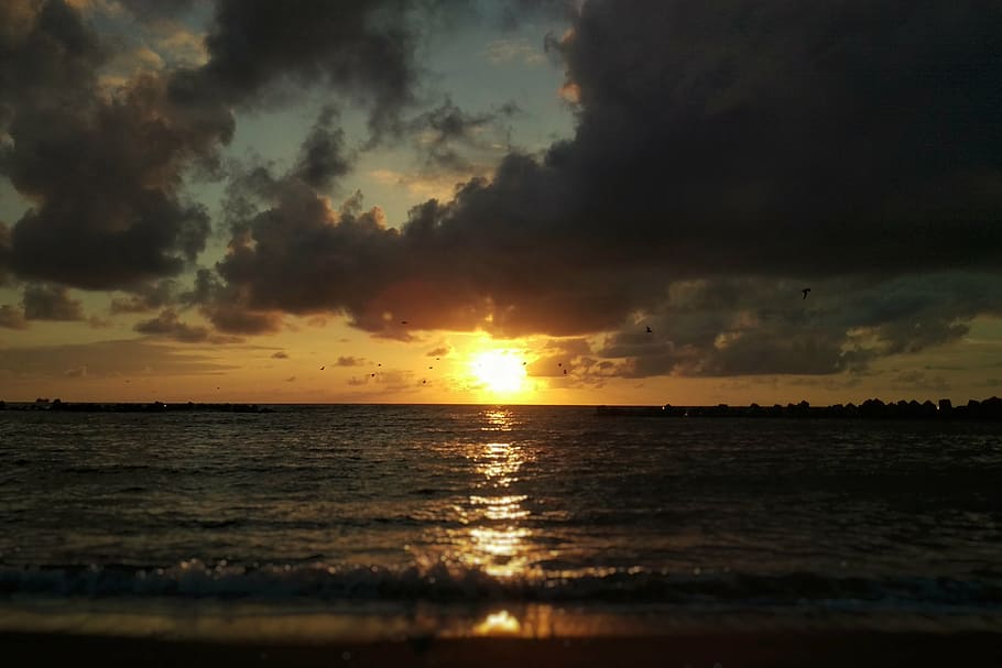 sky, cloud, wind, sea, beach, sunset, at dusk, natural, landscape HD wallpaper