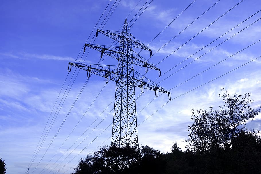 strommast, electricity, current, evening, cable, sky, power line HD wallpaper