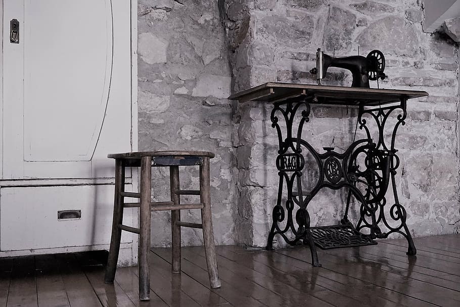 brown wooden stool beside black treadle sewing machine, croatia, HD wallpaper
