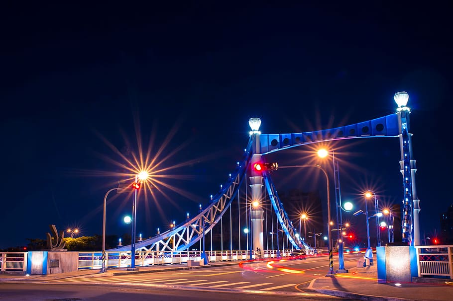 bridge, night view, shadow, traffic, street, illuminated, highway HD wallpaper