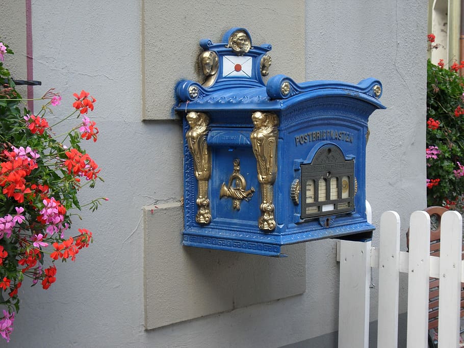Mailbox, Post, Decorated, Old, blue, metal, beautiful, architecture HD wallpaper