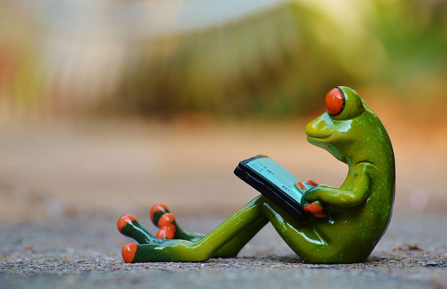 macro photography of green frog, computer, relaxed, figure, funny