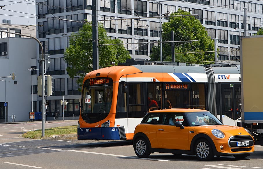 orange Mini Cooper on road during daytime, city, traffic, junction HD wallpaper
