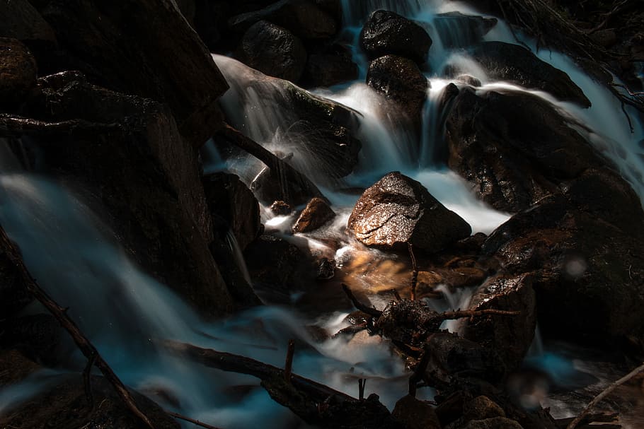 rock formation with waterfalls, river scenery, cliff, woodland HD wallpaper