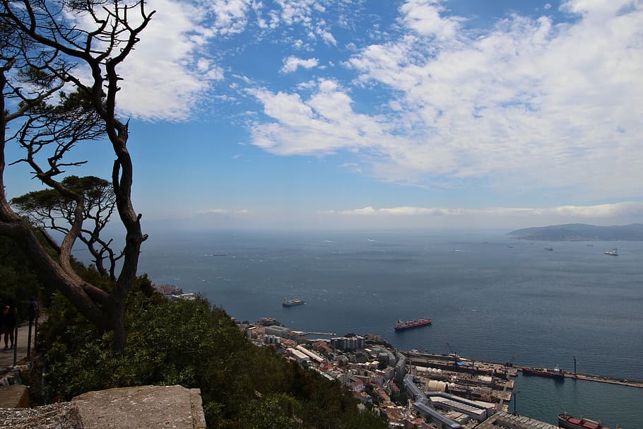 gibraltar, strait, british, clouds, sky, landscape, rock, water HD wallpaper