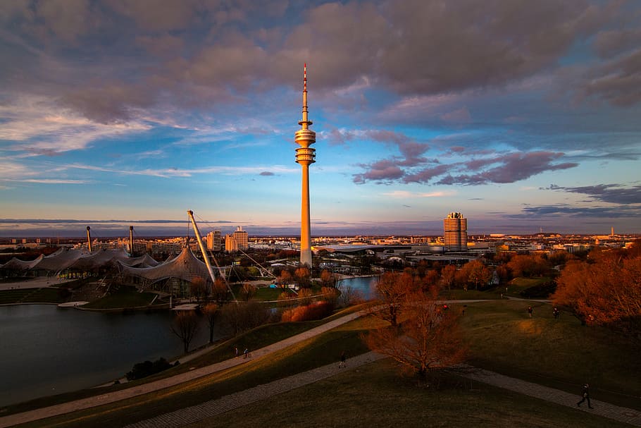 CN tower during daytime, munich, olympia mountain, olympic stadium, HD wallpaper