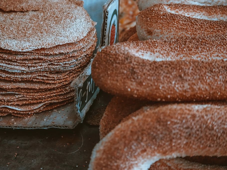 closeup photo of flavored food, pancake and donuts, bread, flat bread HD wallpaper